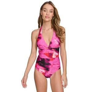 DKNY Women's Pink MultiTie-Back Halter-Style One-Piece Swimsuit Pink M